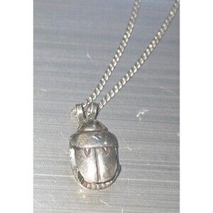 Vintage Sterling Silver Egyptian Scarab Beetle Pendant Chain Necklace 19"